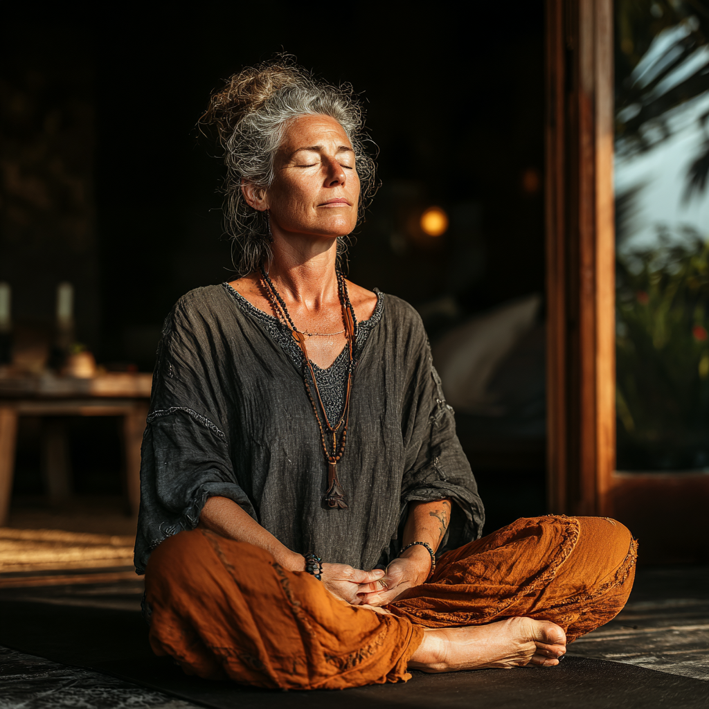 Calm mature woman in her early 50s in meditation pose demonstrating mindfulness practice on a yoga mat in peaceful environment